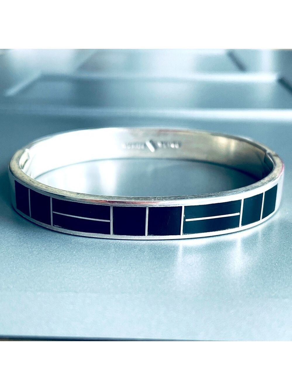 Mexico Geometric Black Onyx Inlay Sterling Silver Bangle Heavy Bracelet …